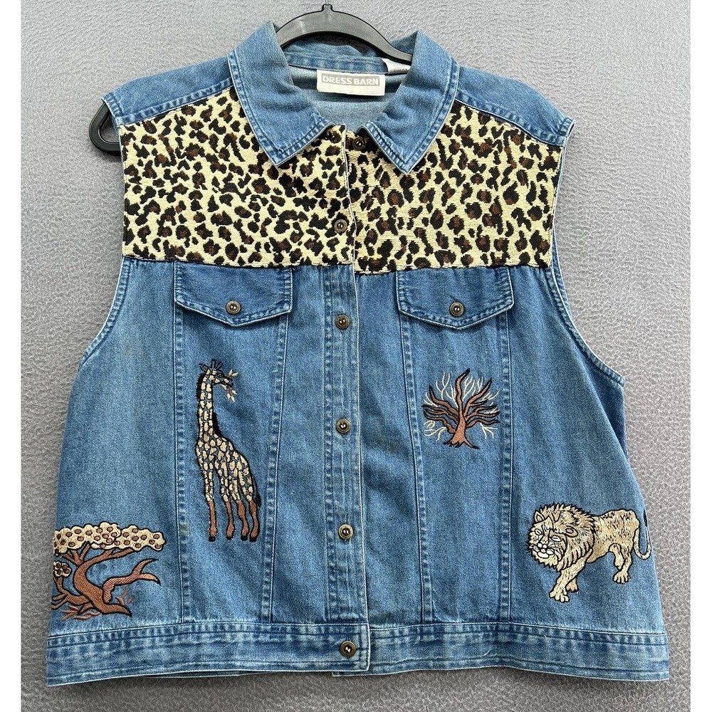 VTG Dress Barn Vest Womens Sz L Blue Denim Leopard Print Embroidered Safari